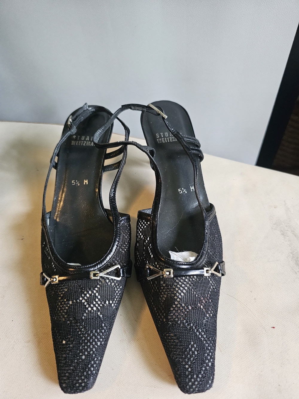 Stuart Weitzman Black Lace Slingback Pointed Pumps with Metal Trim